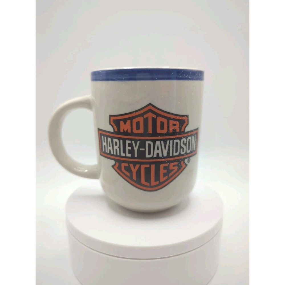 Harley Davidson Coffee Mug Cup Classic Logo White Blue Rim Ceramic 4in 125A